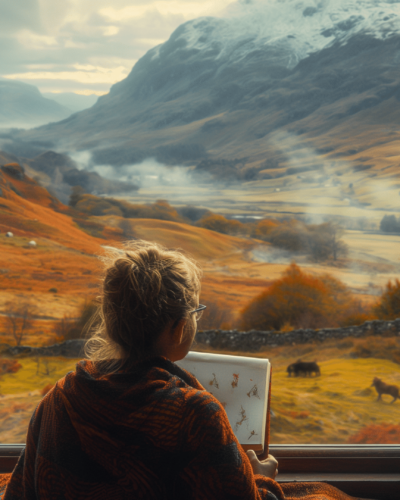 A woman sketching wildlife from a cozy cottage window overlooking a scenic autumn valley
