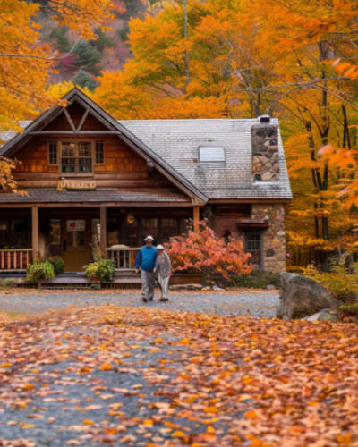 A cottage in Stowe, Vermont surrounded by vibrant autumn leaves with a couple hiking nearby