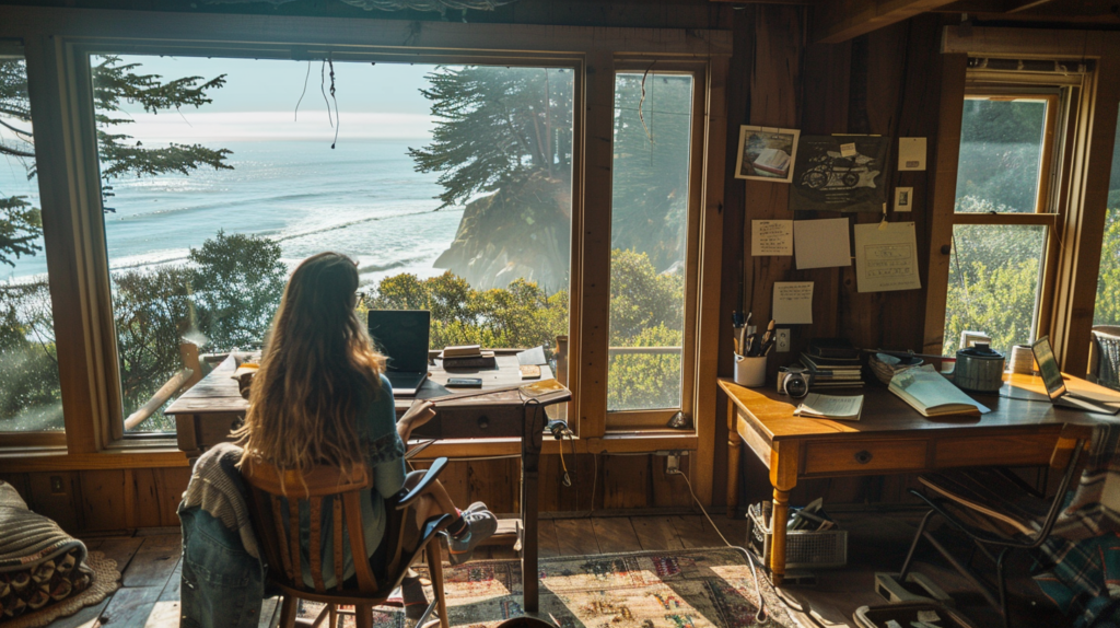 A secluded cabin in Big Sur, California with a writer working at a desk with a scenic view