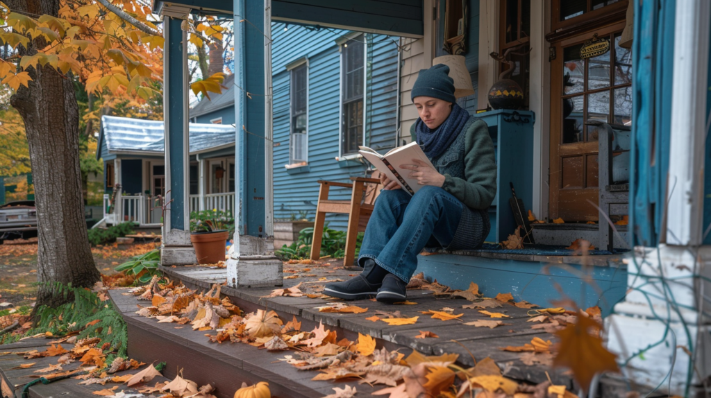 A cozy cottage in Woodstock, New York with a writer sitting on a porch with a notebook and autumn leaves around.