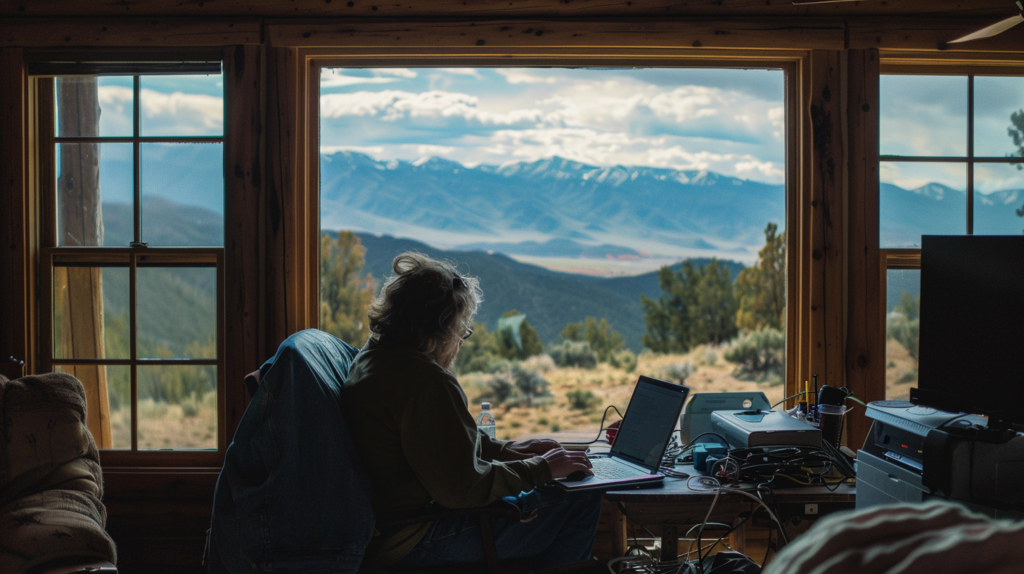 A mountain cabin in Taos, New Mexico with a writer typing on a laptop with mountains in the background.