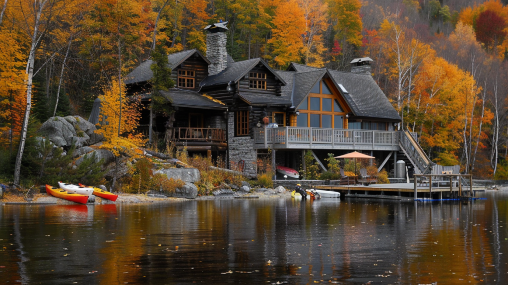 A lakeside cottage in Mont-Tremblant with autumn foliage reflecting in the water and kayaks on the shore.