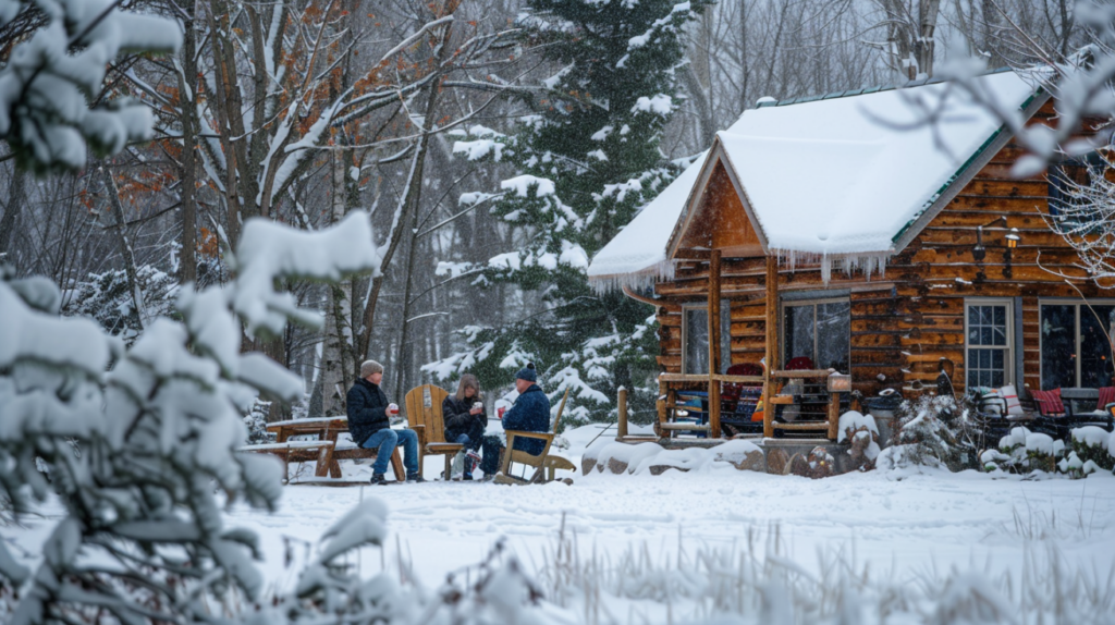 A countryside cabin in Charlevoix with a snowy landscape and a family enjoying hot chocolate outside.