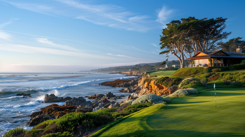 A golf course cottage in Pebble Beach, California, with a view of the greens and ocean, a golfer teeing off.