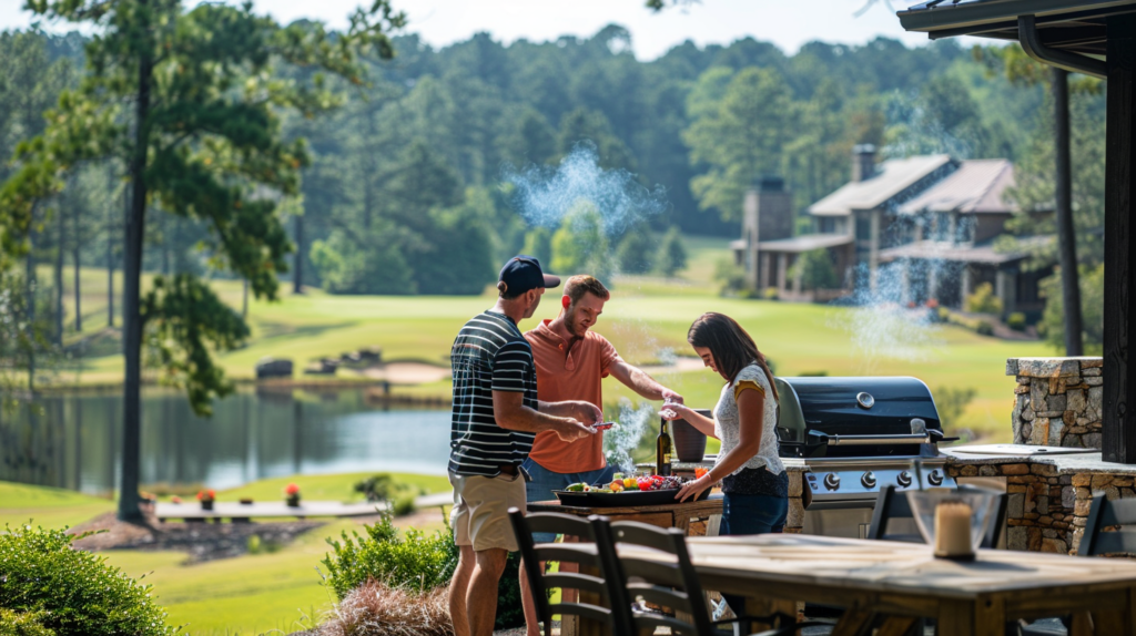 A luxury cabin near Pinehurst, North Carolina with lush fairways in the background and a family enjoying a BBQ.