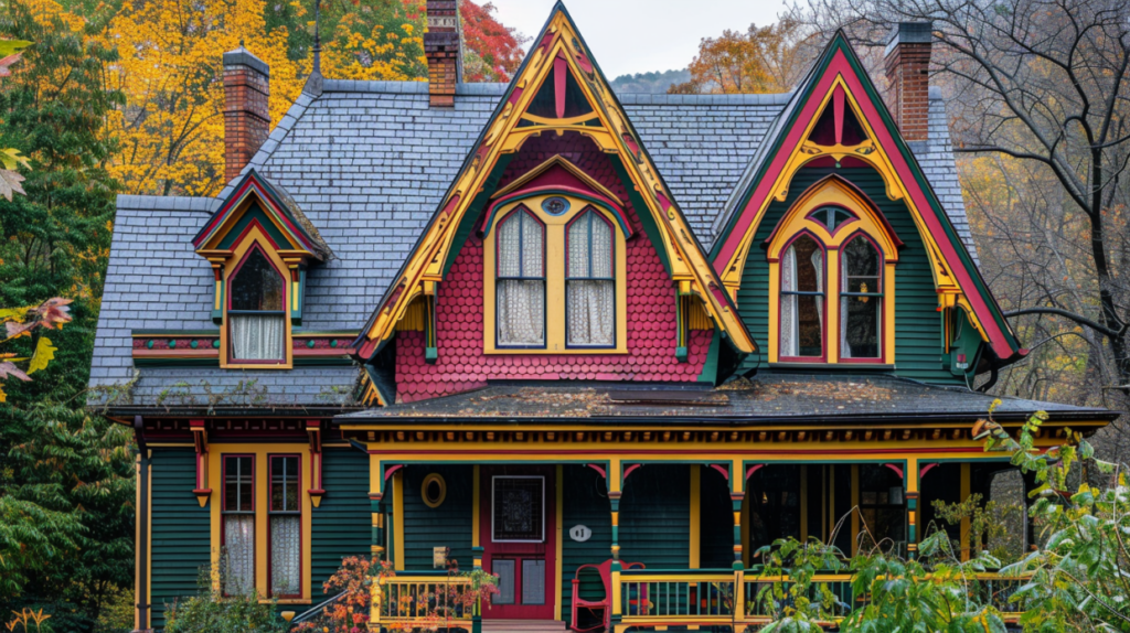 A Victorian-style cottage in Asheville, North Carolina, with intricate woodwork and vibrant colors,