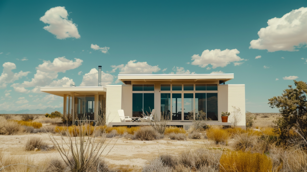 A mid-century modern cottage in Palm Springs with sleek design and large windows with desert landscape in the background.