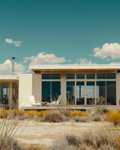 A mid-century modern cottage in Palm Springs with sleek design and large windows with desert landscape in the background.