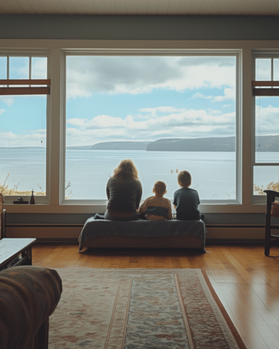 Family relaxing on the porch of a charming cottage with a view of the ocean