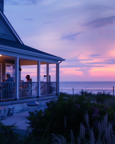 A cozy seaside cottage with a large veranda at sunset, as a couple sits on the porch.