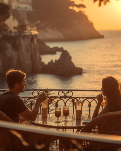 A couple enjoying a romantic sunset drink on a balcony overlooking the Mediterranean perfect for beachfront cottage rentals