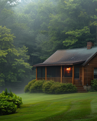 A quaint wooden cottage in the Poconos surrounded by lush greenery with mist rising at dawn.