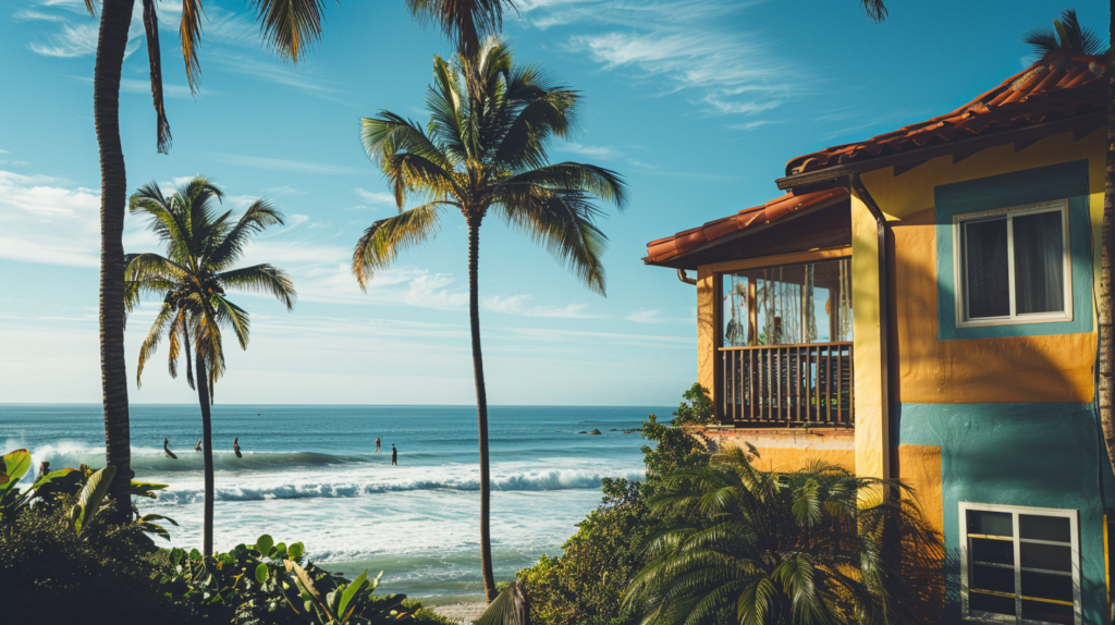 An oceanfront cottage with surfers catching waves and palm trees swaying in the wind.