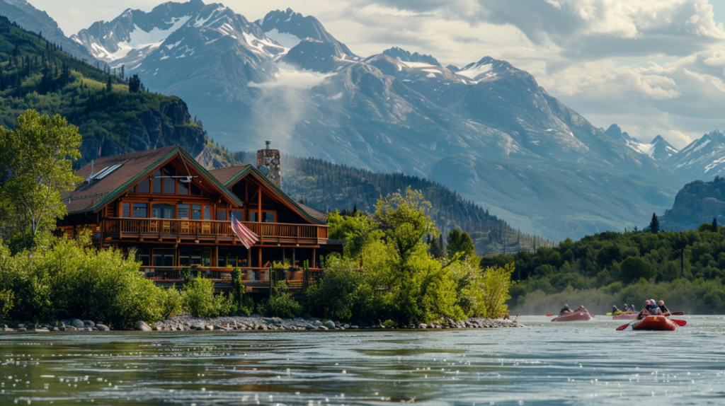 A riverfront cabin with white-water rafters in action, mountains in the background