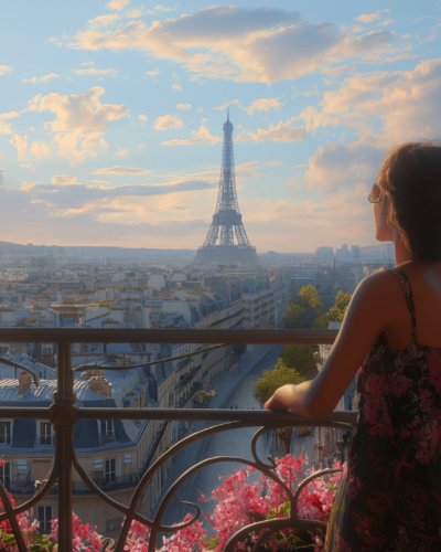 A woman enjoying a stunning view of the Eiffel Tower from a balcony, a postcard-worthy scene for cottage rentals near landmarks
