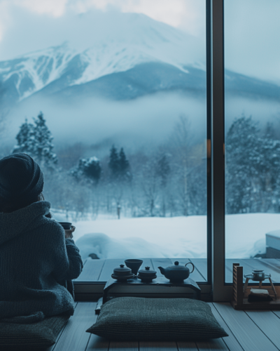 A solo traveler enjoys a serene winter view of a mountain from a cottage in Niseko perfect for winter getaway cottage rentals