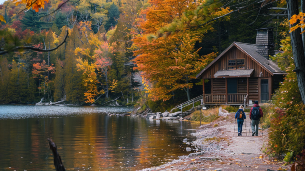 A lakeside cabin with a hiking trail winding through autumn foliage, family with backpacks ready to explore.