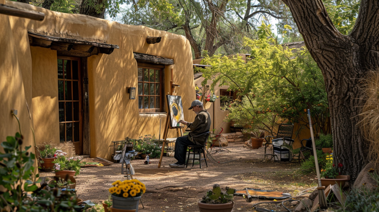 An artist painting in a cottage in Santa Fe with adobe architecture and an art studio in the backyard.
