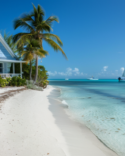 A beachfront cottage in Key West with turquoise water and white sand beach, sailboats in the distance.