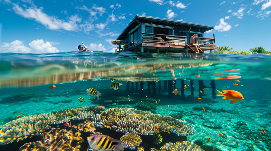 An overwater bungalow in Marathon with clear water and colorful fish visible, with a couple snorkeling nearby.