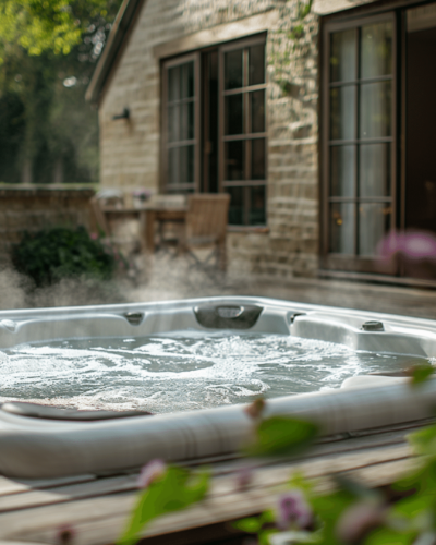 A hot tub bubbling on a wooden deck at a luxury cottage rental surrounded by lush gardens