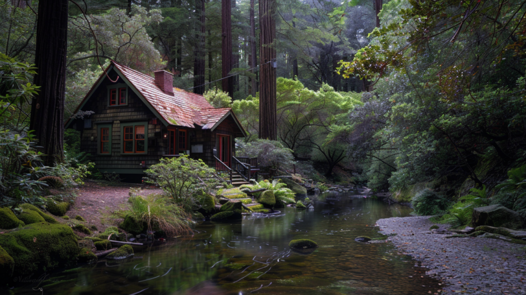 A secluded cottage in Big Sur surrounded by tall redwoods with a gentle stream flowing nearby.