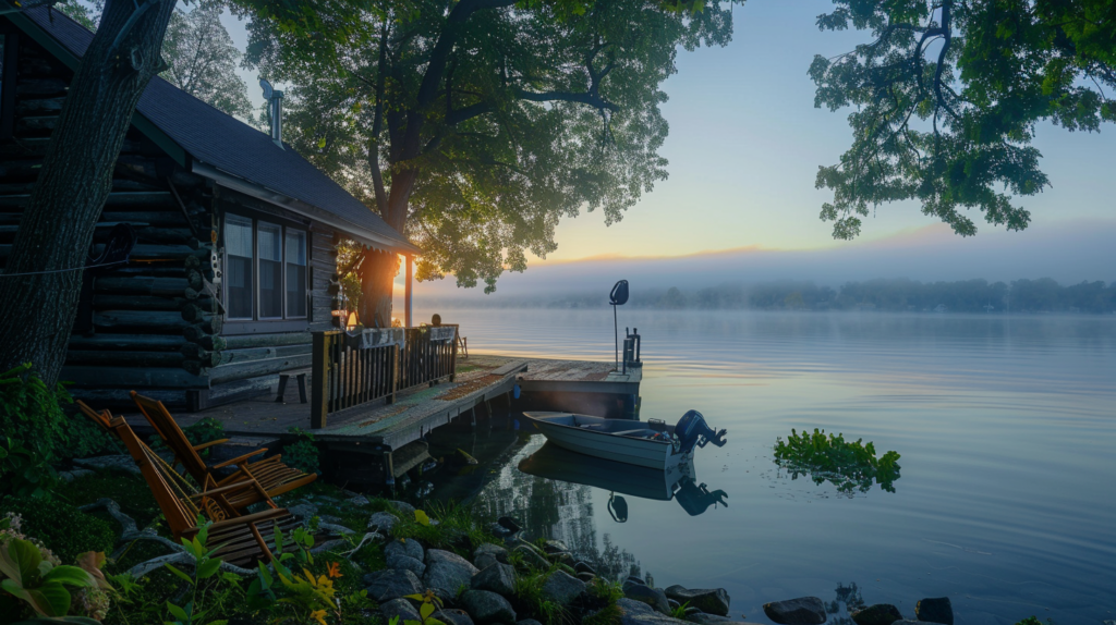 A lakeside cabin in Door County, Wisconsin with a peaceful sunrise over the water and mist rising.