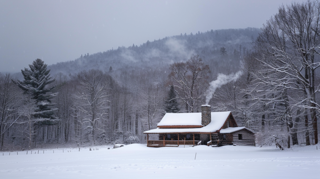 A mountain cabin in the Catskills, New York, with a snow-covered landscape and smoke rising from the chimney