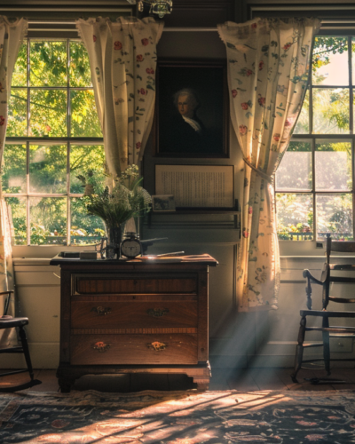 A colonial cottage in Williamsburg, Virginia with period furniture visible through the window in early morning light