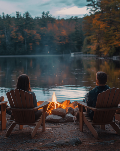A group of friends relaxing by a lakeside fire near an Adirondacks cottage rental as evening falls