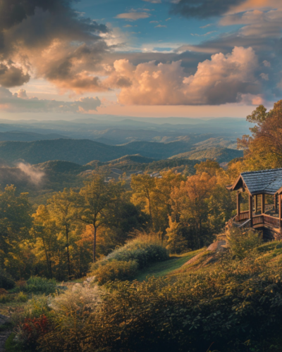 A mountain cottage in Asheville, North Carolina with a panoramic view of the Blue Ridge Mountains and hikers on the trail.