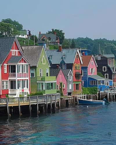 A row of colorful cottages by the lake in New England