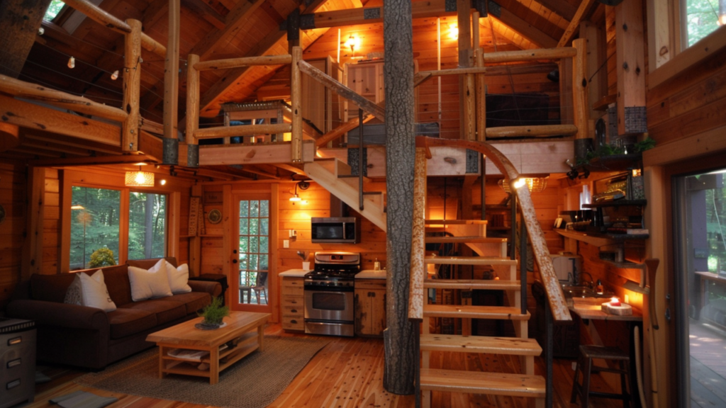 The interior of a loft-style cottage rental in New England