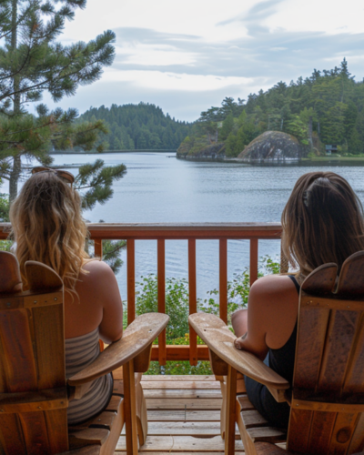 Two female friends sitting on a deck with views of Garibaldi Lake in Canada