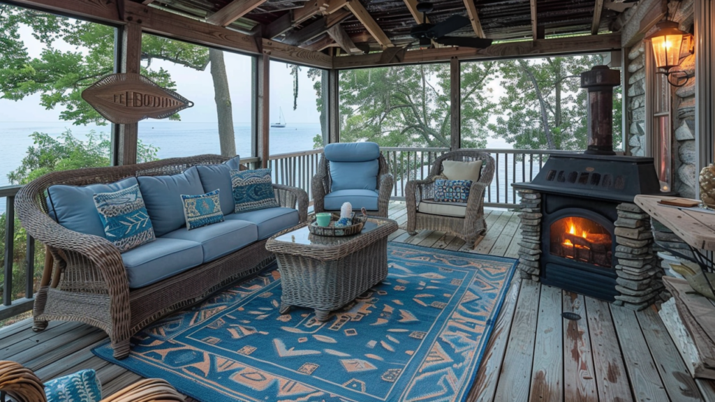 A balcony of a cottage rental with a fireplace and couches overlooking the ocean in the Midwest.