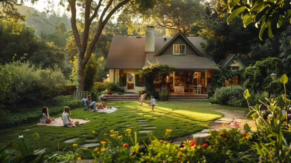 A family playing in the yard of a cozy cottage surrounded by lush greenery.