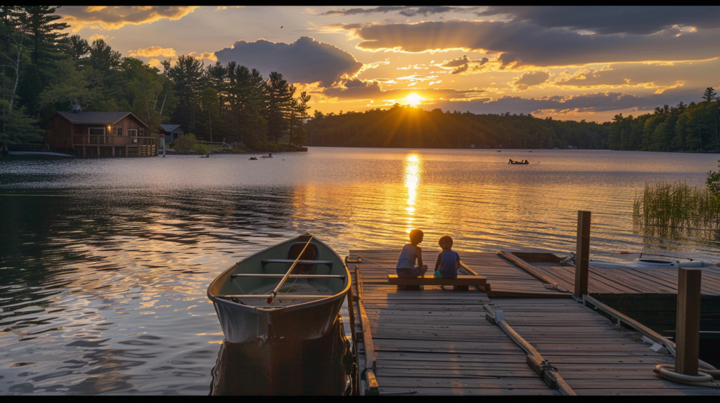 A lakeside cottage with children fishing on a private dock during sunset.