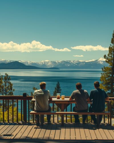 A group of friends enjoying a barbecue on the deck of a large group cottage rental overlooking Lake Tahoe.