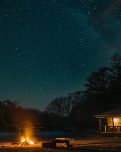 A campfire near a hot spring getaway cottage in Hot Springs National Park, Arkansas, with thermal baths visible in the distance under a star-filled night sky.