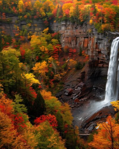 A scenic view of Kaaterskill Falls surrounded by vibrant autumn foliage in red, orange, and yellow tones.