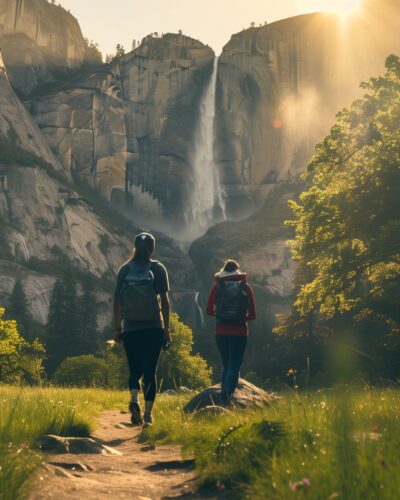 Friends hiking at sunrise in Yosemite National Park with granite cliffs and Yosemite Falls in the background.