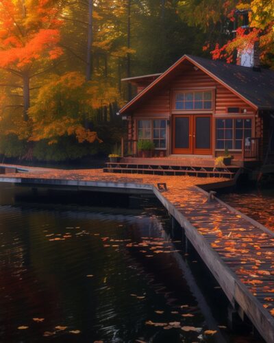 A serene lakeside cottage in Muskoka, Ontario, with a private dock and autumn foliage at sunrise.