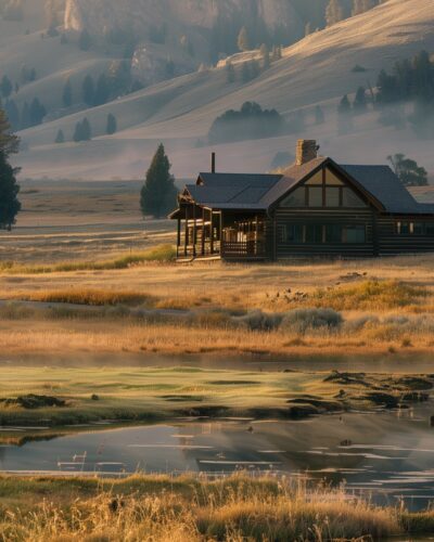 A serene morning in Lamar Valley, Yellowstone National Park, with a bison grazing near a cottage.
