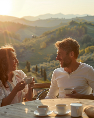 A couple enjoying morning coffee on a sunny deck with stunning mountain views in Tuscany.