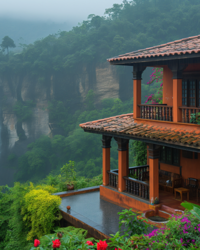 A traditional Indian cottage with a veranda overlooking Jog Falls in Karnataka.