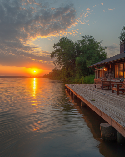 A cozy cottage with a deck overlooking the Mississippi River at sunrise.