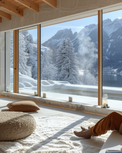 A wellness cottage in the Swiss Alps with panoramic mountain views.