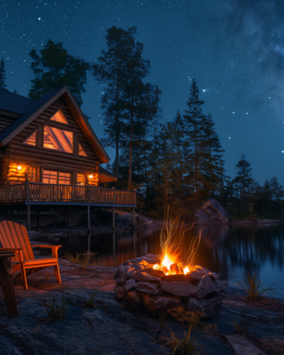 A Muskoka cottage with a fire pit lit outside under a starry night sky.