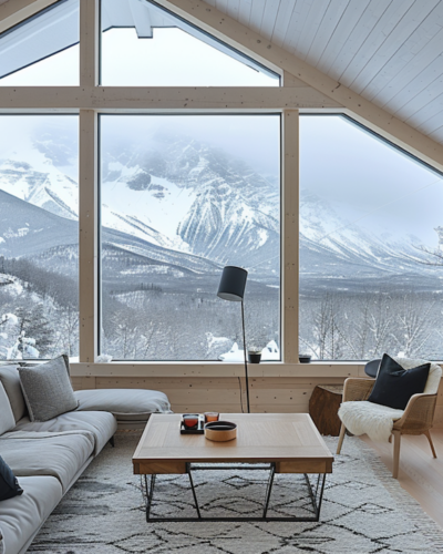 The living room of a modern cottage rental with mountain views