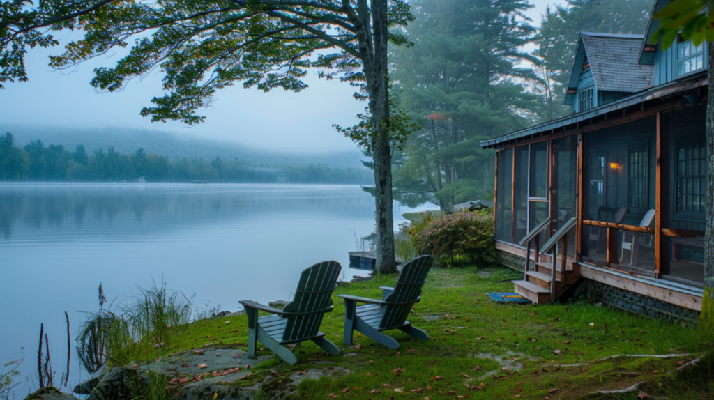 A serene lakeside cottage with Adirondack chairs overlooking calm water and morning mist.